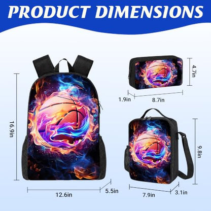 Basketball Backpack Set for School,17 Inch Casual School Bags with Lunch Box, Kids Daypack Bags and Pencil Case Set for Teens Boys Men Students - color: Basketball