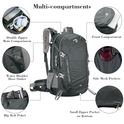 Long Keeper 40L Hiking Backpack Camping Daypack with Waterproof Rain Cover Lightweight Outdoor Sport Travel Backpack Rucksack (Grey) - color: Grey