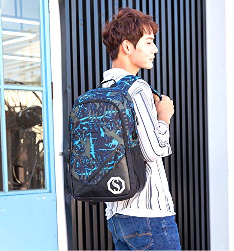 School Backpack for Boys, 14 Inch Laptop Backpack with USB Charging Port, Anti-theft Lock, Lunch Bag & Pencil Case, Lightweight Water Resistant Bookbag Daypack - style: Boy-blue