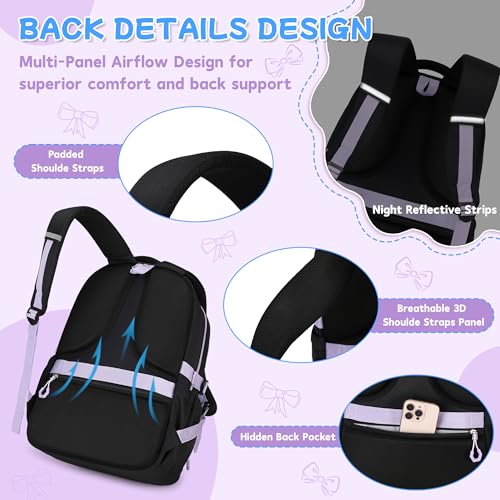 Girls Backpack, 17-Inch Bookbag for Middle & Elementary School, Kawaii Kids Backpack for Girls Ages 6-12(Black Purple) - color: Black Purple