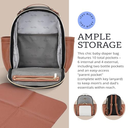 Itzy Ritzy Mini Diaper Bag Backpack – Chic, Compact Mini Plus Backpack with Changing Pad, 10 Pockets (6 Internal, 4 External), Grab-Top Handle & Rubber Feet (Coffee & Cream) - color: Coffee & Cream
