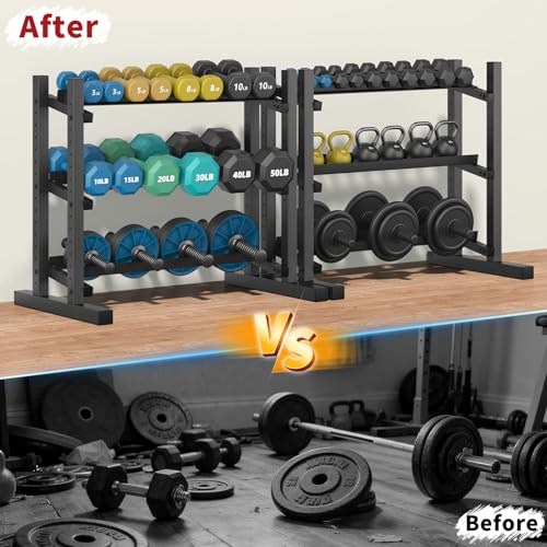3-Tier Professional Dumbbell Rack, Commercial Grade Dumbbell Storage Rack,1300LB Capacity with Barbell Holder, Adjustable Heavy-Duty Weight Rack for Home Gym, Weight Stand for Dumbbells, Kettlebells & Weight Plates (Rack Only)