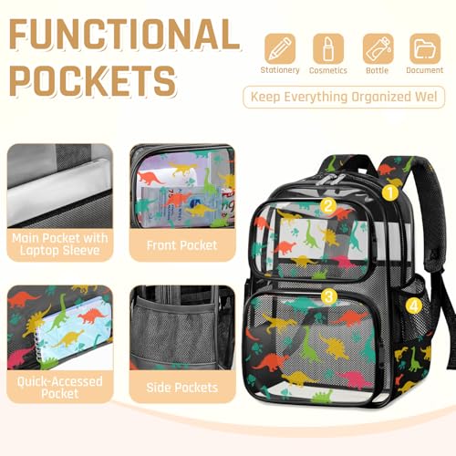 Clear Backpack for Boys and Girls,Kids Clear Backpacks for School,Heavy Duty Transparent Bookbag Stadium Approved - color: Black-dinosaur-backpack Only