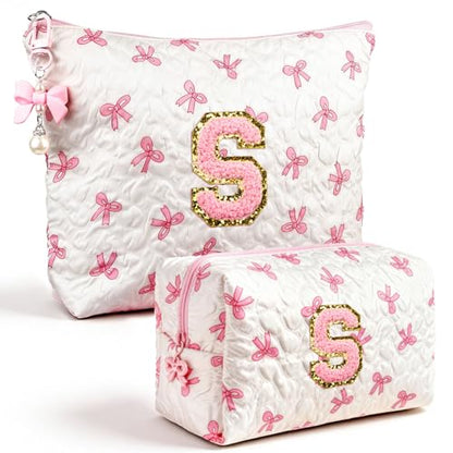 Initial Makeup Bag, Valentines Day Gifts for Women Teens Girls Birthday Gift Personalized Bow Cosmetic Bag, Quilted Cosmetic Travel Toiletry Pouch, Cute Makeup Organizer Teen Girl Gifts Trendy Stuff S - color: S