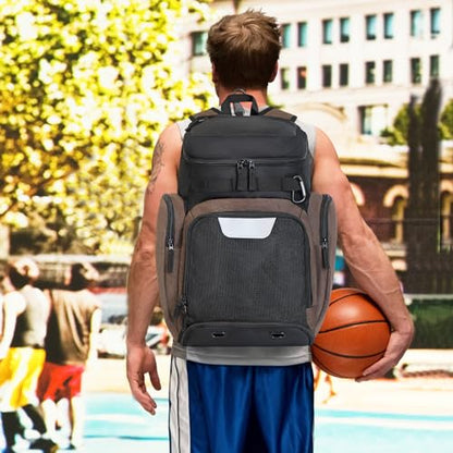 LARIPOP Basketball Backpack with Ball & Ventilated Shoe Compartment Insulated Pockets for Men Training - color: brown