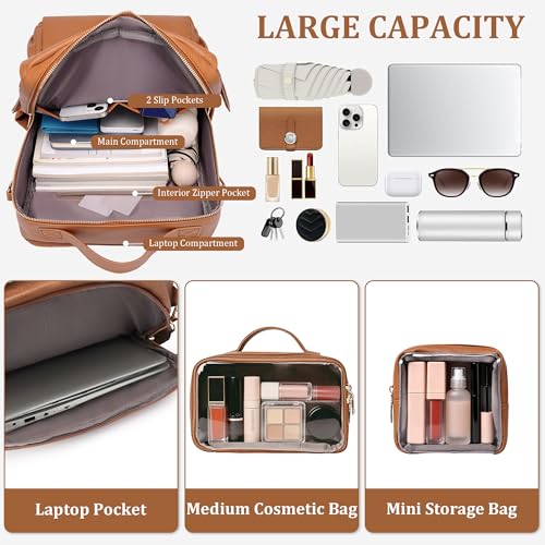 Dora & Liz Laptop Backpack for Women, Leather Travel Backpack with 15.6 Inch Laptop Compartment, College Work Computer Bag (Pebbled Brown-3P) - color: Pebbled Brown-3p