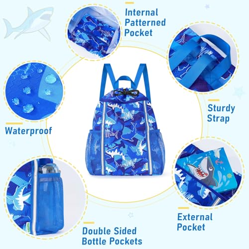 WAWSAM Kids Gym Drawstring Backpack String Bag, Shark Sports Gym Bag for Kids Boys Waterproof Swimming Beach String Cinch Backpack with Two Water Bottle Pocket - color: Shark