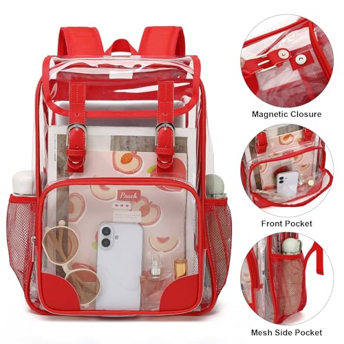 Fuyicat Clear Backpack Heavy Duty PVC Transparent Girls Kids School Backpacks Stadium Approved See Through College Bookbag for Women (Red) - color: Red