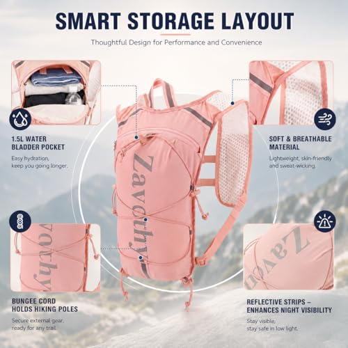 Zavothy Hydration Backpack with 1.5L Water Bladder, Lightweight Water Backpack for Women, Hydration Pack with Rain Cover for Running Hiking Cycling Festival, Reflective Bounce-Free Fit - color: Pink