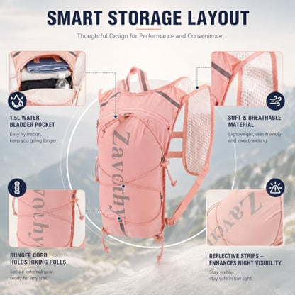 Zavothy Hydration Backpack with 1.5L Water Bladder, Lightweight Water Backpack for Women, Hydration Pack with Rain Cover for Running Hiking Cycling Festival, Reflective Bounce-Free Fit - color: Pink