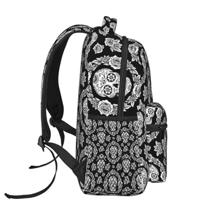 Casual Travel Daypack Black And White Floral Day Of The Dead Mexican Sugar Skulls, Multi Pocket Water Resistant Backpack for Men Women Weekend Getaways - color: Pattern (226)