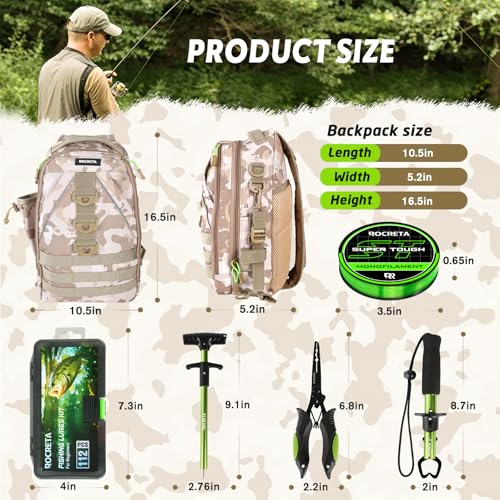Fishing Backpack with Tackle Boxes,Fishing Lure Kit and Tool | Waterproof Fishing Tackle Bag With Rod Holder, Sling Backpack wtih Fishing Gear, Fishing Gifts for Men Woman Anglers - color: Khaki Camouflage Fishing Backpack Set