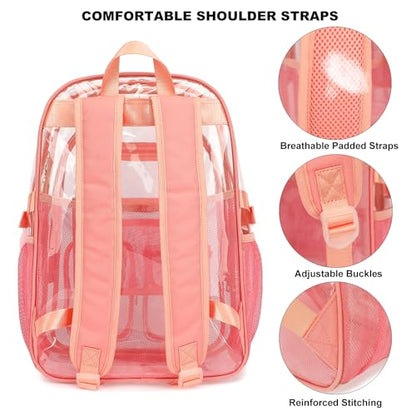 Clear Backpack Heavy Duty Transparent Backpacks Stadium Approved for School Work Sport Travel (Pink) - color: Pink