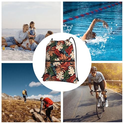 JOOCAR Tropical Leaf Drawstring Bag Summer Backpack Draw String Bags Waterproof Lightweight Sports Gym Beach Sackpack Zipper Pocket for Men Women - color: B4