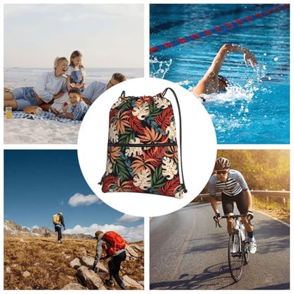 JOOCAR Tropical Leaf Drawstring Bag Summer Backpack Draw String Bags Waterproof Lightweight Sports Gym Beach Sackpack Zipper Pocket for Men Women - color: B4