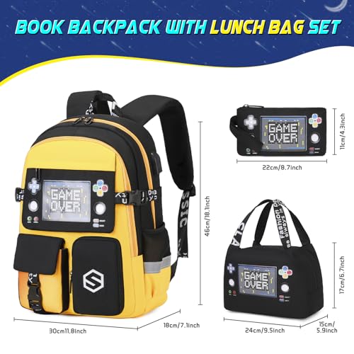 Scothen Boys Backpack, Cool Luminous School Backpacks for Boys with Lunch Bag Pencil Case, Kids Backpack Kindergarten Elementary Middle School Book Bags for Teen Boy Children with USB Charging Port - color: Yellow