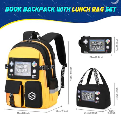 Scothen Boys Backpack, Cool Luminous School Backpacks for Boys with Lunch Bag Pencil Case, Kids Backpack Kindergarten Elementary Middle School Book Bags for Teen Boy Children with USB Charging Port - color: Yellow