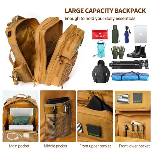 Green Canyon 45L 900D Tactical Backpack Water Resistant Military Assault Molle Backpack for Men Women Hiking Rucksack 3 Day Bug Out Bag, Khaki