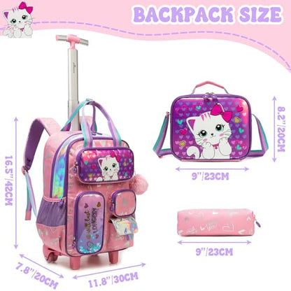 Rolling Backpacks with Wheels for Girls Cute Pink Cat School Roller Backpack,Kids Carry on Travel Luggage with Lunch Bag and Pencil Case for Girls Ages 5-12 - color: A Pink Cat