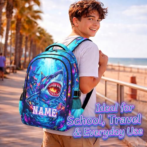 Boys Backpack Shark Backpacks Personalized with Name for Kids Teens, Large Capacity Bookbag for School Elementary Middle Senior Travel Casual - color: Dark Blue