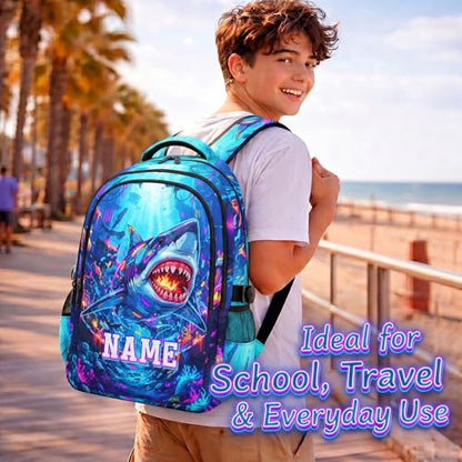 Boys Backpack Shark Backpacks Personalized with Name for Kids Teens, Large Capacity Bookbag for School Elementary Middle Senior Travel Casual - color: Dark Blue