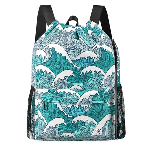 Drawstring Backpack with Mesh Pockets String Gym Bag Sackpack Sandproof Water Resistant Beach Backpack for Men Women - color: Blue Waves