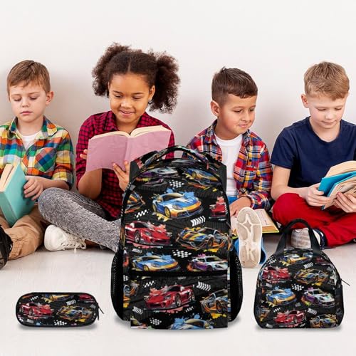 Boys Backpack Set - Racing Car Backpacks for Kids - 3Pcs Toddler Bookbag with Lunch Box & Pencil Case - Lightweight School Bag for Kindergarten/Preschool/Elementary (17 Inch) - color: Black