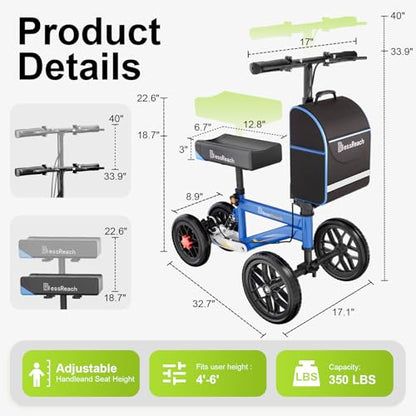 BlessReach All Terrain Steerable Knee Scooter Crutch Alternative，Deluxe Medical Scooter Double Handbrake,for Adults Injured Ankle & Foot Recovery Scooter in Blue - color: Blue