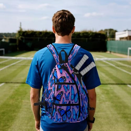 Pickleball Bag for Women & Men – Lightweight Sports Backpack with Paddle Compartments, Dual Carry Modes, Detachable Zippered Strap, Brown Leopard, Great Gift Option for Players - color: Blue Butterflies