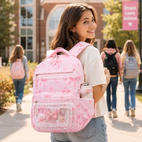 LEDAOU School Backpack for Teen Girls Elementary Middle School Bookbag Kids Backpacks Women Laptop Backpack Travel Daypack (Lace Clear Pocket - Bow Pink) - color: Lace Clear Pocket - Bow Pink
