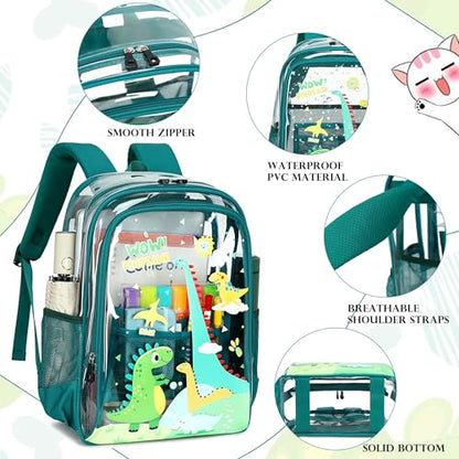 AO ALI VICTORY Clear Backpack for School,PVC Transparent Kids Bookbag for Girls Boys Cute Toddler Back Pack Kindergarten Elementary Schoolbag Stadium Approved See Through Backpacks,Green Dinosaur - color: Green Dinosaur