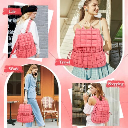 Quilted Puffer Backpack for Women Lightweight Soft Puffy Backpack Purse Casual Daily Drawstring Flap Daypack (Watermelon Red) - color: Watermelon Red