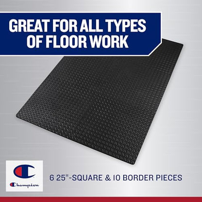 Champion Interlocking Foam Floor Tiles, 12mm Thick EVA Foam Exercise Mat Set with 6 Interlocking Mats & 10 Border Pieces, Non-Slip Cushioned Flooring for Home Workout, Yoga, Stretching, and Pilates