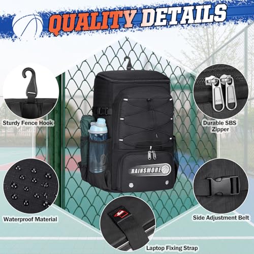 RAINSMORE Basketball Backpack 45L Basketball Bag with Separate Ball Holder & Shoes Compartment Water Resistant Sports Bag Basketball Equipment Bags Fit Volleyball, Soccer, Swim, Gym, Travel - color: Black