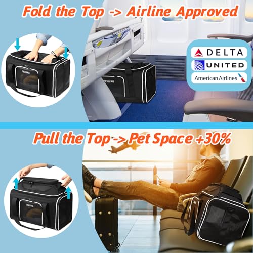 Petskd Top-Expandable Pet Carrier 18x11x11 Inches Delta American United Airline Approved, Soft-Sided Carrier for Small Cats and Dogs with Locking Safety Zippers and Anti-Scratch Mesh(Black) - color: Black, size: 18.0"L x 11.0"W x 11.0"H