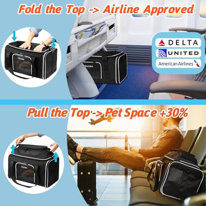 Petskd Top-Expandable Pet Carrier 18x11x11 Inches Delta American United Airline Approved, Soft-Sided Carrier for Small Cats and Dogs with Locking Safety Zippers and Anti-Scratch Mesh(Black) - color: Black, size: 18.0"L x 11.0"W x 11.0"H