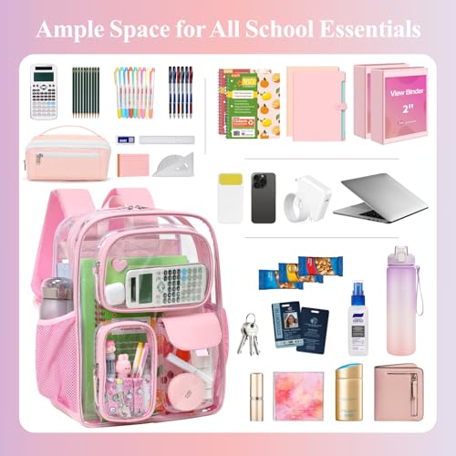 PACKISM Clear Backpack for School - 17 inch Large Heavy Duty Bookbag, Reinforced See Through PVC Transparent Backpack - color: Pu Straps Pink 3 Pockets, style: Daypack Backpacks