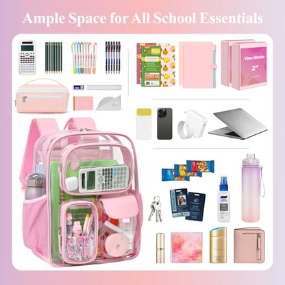 PACKISM Clear Backpack for School - 17 inch Large Heavy Duty Bookbag, Reinforced See Through PVC Transparent Backpack - color: Pu Straps Pink 3 Pockets, style: Daypack Backpacks