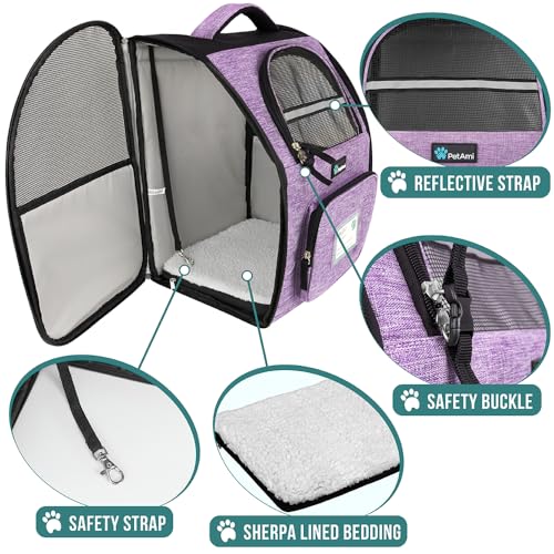 PetAmi Dog Backpack Carrier for Small Medium Dogs Large Cats up to 18 lbs, 2 Side Entry, Structured No-Collapse Frame, Airline Approved Ventilated Pet Backpack for Hiking Camping Travel, Purple - color: Heather Purple