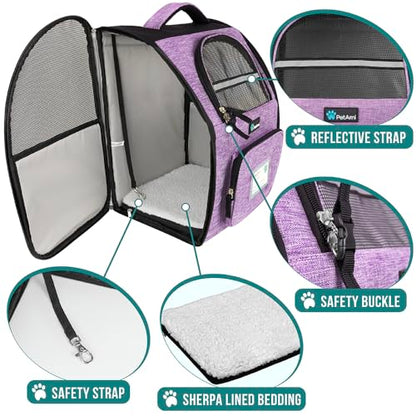 PetAmi Dog Backpack Carrier for Small Medium Dogs Large Cats up to 18 lbs, 2 Side Entry, Structured No-Collapse Frame, Airline Approved Ventilated Pet Backpack for Hiking Camping Travel, Purple - color: Heather Purple