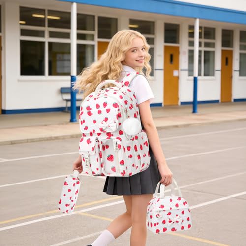 Girls Backpack, School Backpack for Girls, Cute Bow Kids Bookbag for Grils Children Teens for Elementary Middle High School Student, Back To School, White Strawberry 3pcs - color: White Strawberry-3pcs