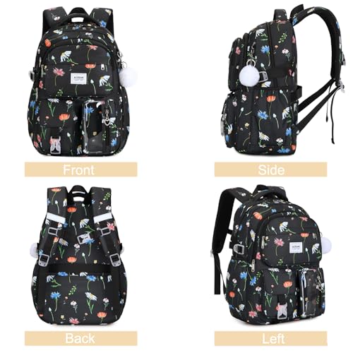 ACESAK Backpack for Girls - Girls Backpack with Lunch Bag & Pencil Pouch for Teen Kids Laptop Backpack for Women, Elementary Middle High School Bookbag Travel Daypack (Black Flower) - color: Black Flower