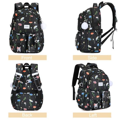 ACESAK Backpack for Girls - Girls Backpack with Lunch Bag & Pencil Pouch for Teen Kids Laptop Backpack for Women, Elementary Middle High School Bookbag Travel Daypack (Black Flower) - color: Black Flower