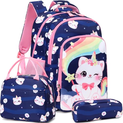 Girls Backpack for Elementary Kids School Bookbag Set Cute Unicorn Backpacks for Girls Water Resistant - color: Caticorn Navy