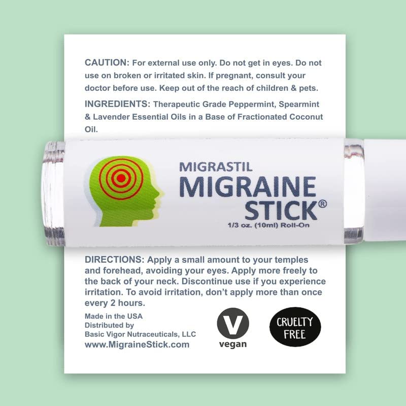 Basic Vigor Migrastil Migraine Stick Rollon - Fast Cooling Comfort for Your Head 3-Pack. Aromatherapy with Peppermint & Other Essential Oils. Metal Roller. Made in USA by Basic Vigor - size: 0.3 Ounce (Pack of 3)