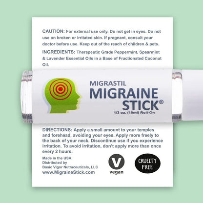 Basic Vigor Migrastil Migraine Stick Rollon - Fast Cooling Comfort for Your Head 3-Pack. Aromatherapy with Peppermint & Other Essential Oils. Metal Roller. Made in USA by Basic Vigor - size: 0.3 Ounce (Pack of 3)