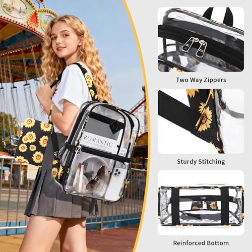 MUSEVOS Clear Backpack for School, Heavy Duty PVC Transparent Bookbag for Girls Stadium Approved See Through Backpack, Sunflowers - color: Sunflowers