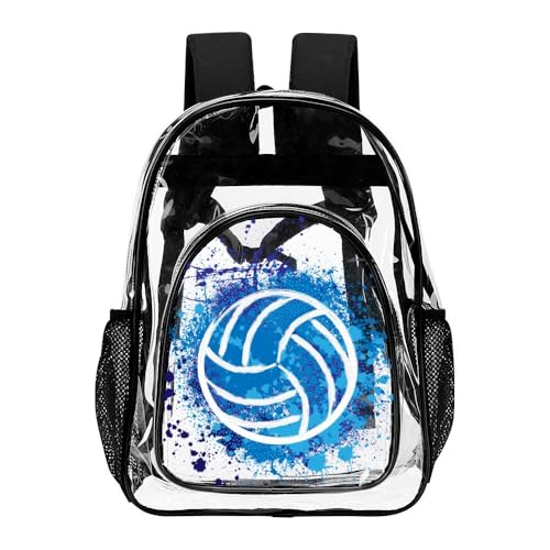 Volleyball Clear Backpack Heavy Duty for Girls Kids Boys Women | Large Cool PVC Volleyball Theme Printing Transparent Backpacks for Schools Stadium Concerts Work - Clear/Black - color: Volleyball Clear Backpack 2 Black With Front Pocket