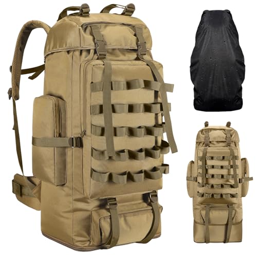 70L/100L Camping Hiking Backpack with Rain Cover, Expandable Large Military Tactical Backpack, Waterproof Molle Racksack Travel Backpacking Daypack for Climbing Trekking (Khaki) - color: Khaki