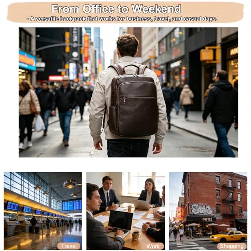 Genuine Leather 15.6 Inch Laptop Backpack for Men & Women, Business Commute Bag Daypack with Multi-Pockets for Travel Outdoor, Coffee Brown - color: Y80-17y-coffee